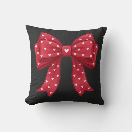 Trendy Coquette Red Ribbon Bow with White Hearts クッション (正面)