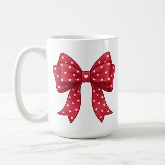 Trendy Coquette Red Ribbon Bow with White Hearts コーヒーマグカップ (左)