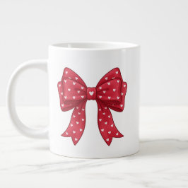 Trendy Coquette Red Ribbon Bow with White Hearts ジャンボコーヒーマグカップ
