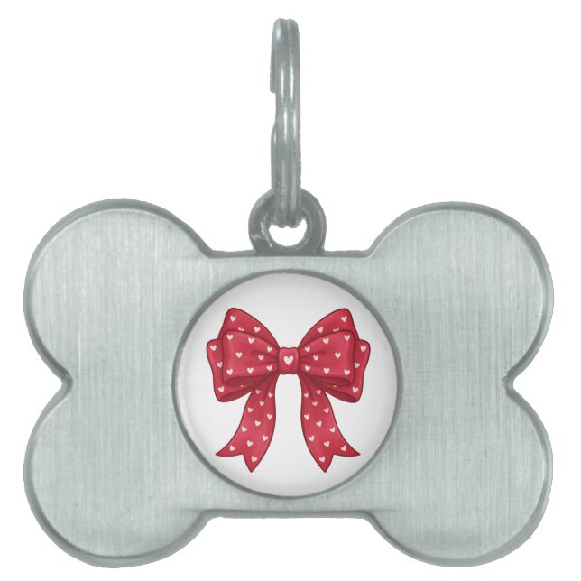 Trendy Coquette Red Ribbon Bow with White Hearts ペットネームタグ (正面)