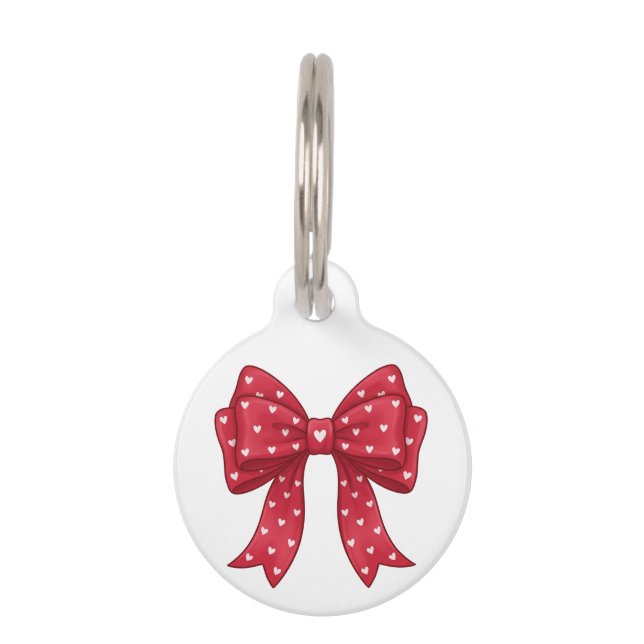 Trendy Coquette Red Ribbon Bow with White Hearts ペット　ネームタグ (正面)