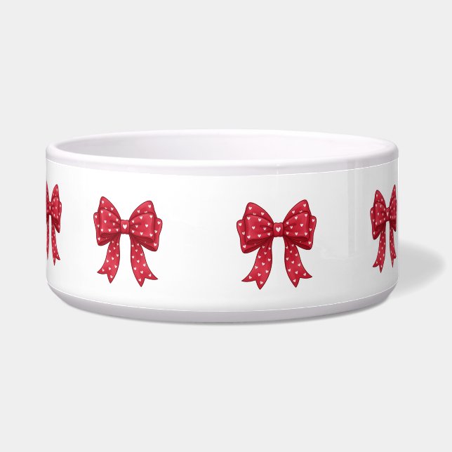 Trendy Coquette Red Ribbon Bow with White Hearts ボウル (左)