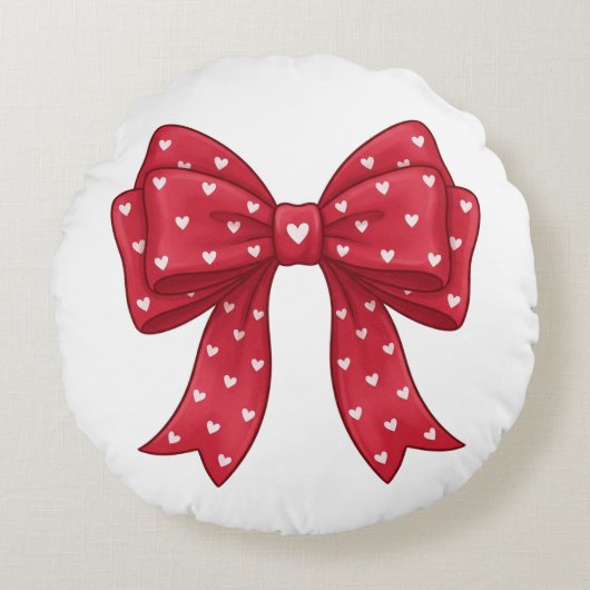 Trendy Coquette Red Ribbon Bow with White Hearts ラウンドクッション (正面)