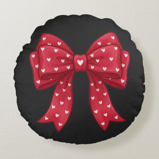 Trendy Coquette Red Ribbon Bow with White Hearts ラウンドクッション (正面)