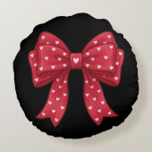 Trendy Coquette Red Ribbon Bow with White Hearts ラウンドクッション (裏面)