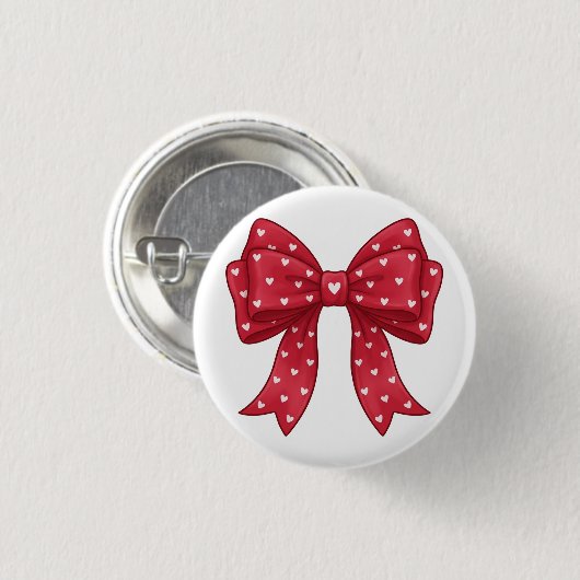 Trendy Coquette Red Ribbon Bow with White Hearts 缶バッジ (正面&裏面)
