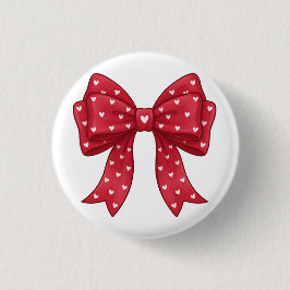 Trendy Coquette Red Ribbon Bow with White Hearts 缶バッジ