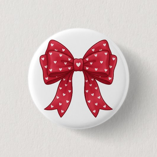 Trendy Coquette Red Ribbon Bow with White Hearts 缶バッジ (正面)