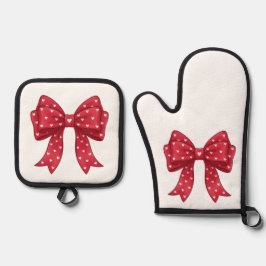 Trendy Coquette Red Ribbon Bow with White Hearts 鍋つかみ&鍋敷きセット