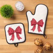 Trendy Coquette Red Ribbon Bow with White Hearts 鍋つかみ&鍋敷きセット (トップダウン)