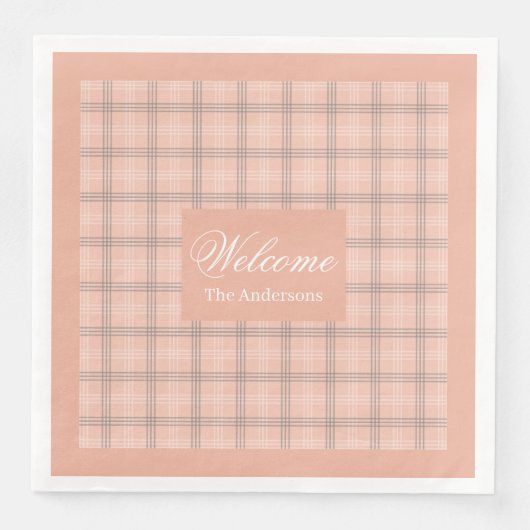 Trendy Coral Napkins Personalized Plaid Table Set (正面)