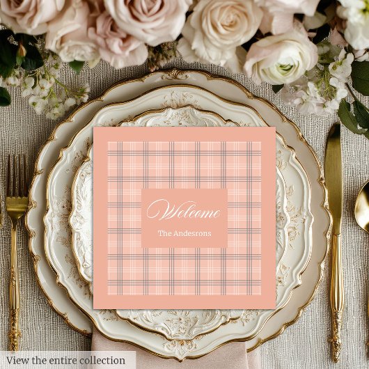 Trendy Coral Napkins Personalized Plaid Table Set