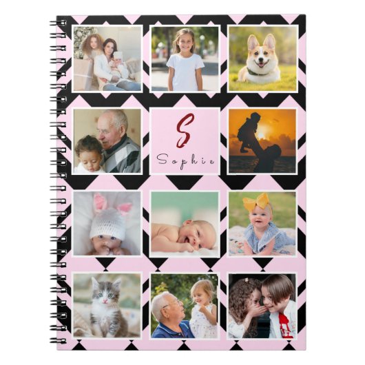 Trendy Custom Name Monogram 11 Photos Collage ノートブック (正面)