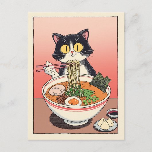 Trendy Cute Cat eating ramen Japanese  ポストカード (正面)