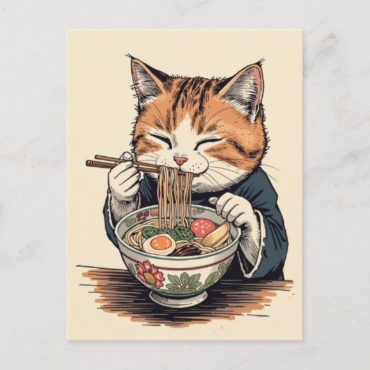 Trendy Cute Cat eating ramen Japanese  ポストカード (正面)