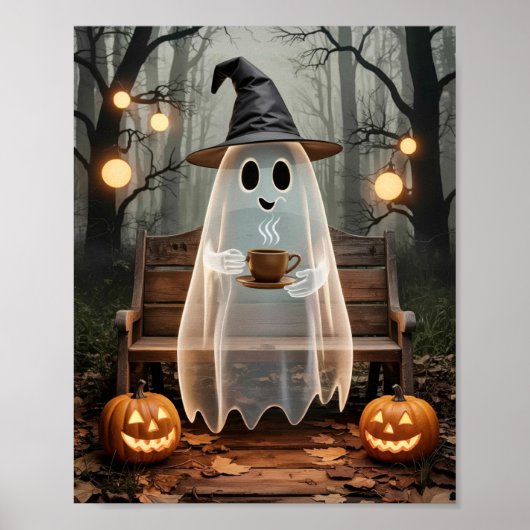 Trendy Cute Ghost with Coffee in the Forest ポスター (正面)
