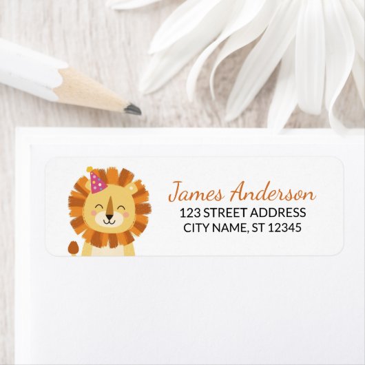 Trendy Cute Lion With Party Hat Return Address ラベル (インサイチュ)