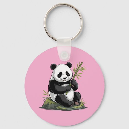 Trendy Cute Panda Bear With Greenery Bamboo Pink キーホルダー (正面)