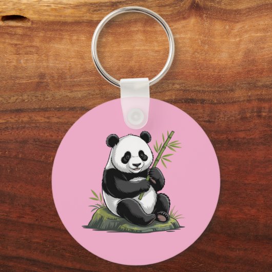 Trendy Cute Panda Bear With Greenery Bamboo Pink キーホルダー (裏面)