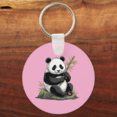Trendy Cute Panda Bear With Greenery Bamboo Pink キーホルダー (正面)