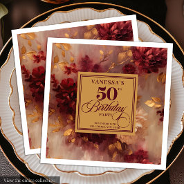 Trendy Dark Red Blush Gold Flowers 50th Birthday  