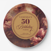 Trendy Dark Red Blush Gold Flowers 50th Birthday  ペーパープレート (正面)