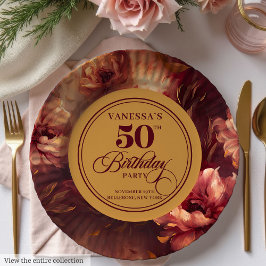 Trendy Dark Red Blush Gold Flowers 50th Birthday  ペーパープレート