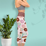 Trendy Donut with Sprinkles Pink Cute Modern Fun カプリレギンス<br><div class="desc">This whimsical donut pattern features my hand painted watercolor favorites of pink,  purple,  and pale blue doughnuts with sprinkles and chocolate brown eclairs on a pale pink background and a brown background with pink polka dots on the waistband for a colorful modern design.</div>