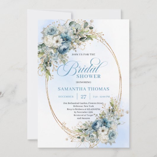 Trendy Dusty Blue Flowers Eucalyptus Bridal Shower 招待状 (正面)