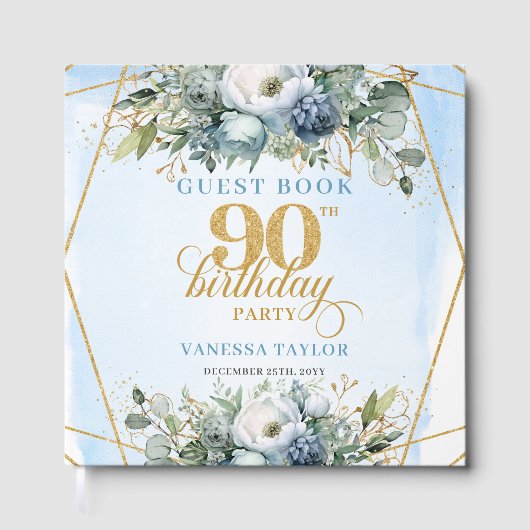 Trendy Dusty Blue Flowers Glitter Frame 90th  ゲストブック (正面)
