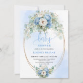 Trendy Dusty Blue Flowers Gold Baby Shower Card 招待状 (正面)