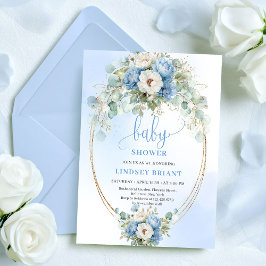 Trendy Dusty Blue Flowers Gold Baby Shower Card 招待状