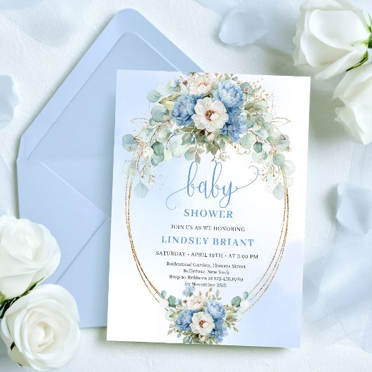 Trendy Dusty Blue Flowers Gold Baby Shower Card 招待状