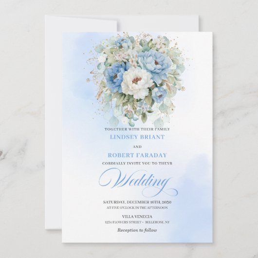Trendy Dusty Blue White Peony Wedding Invitation 招待状 (正面)