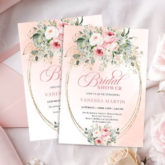 Trendy Dusty Pink Floral Bridal Shower Invitation 招待状