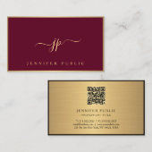 Trendy Elegant Calligraphy Script Bordeaux & Gold 名刺 (正面/裏面)