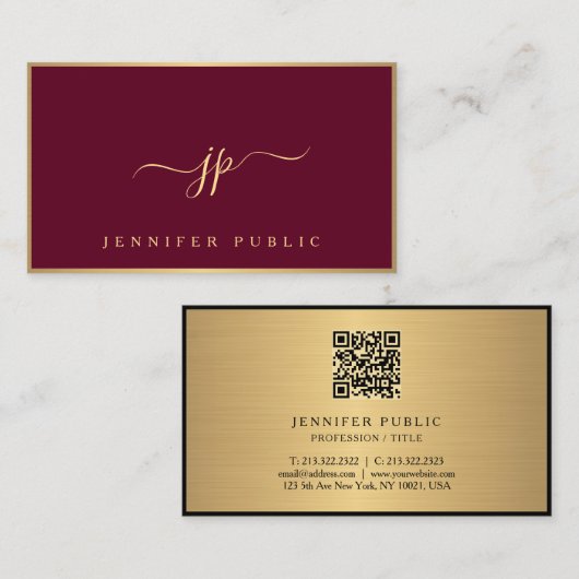 Trendy Elegant Calligraphy Script Bordeaux & Gold 名刺 (正面/裏面)
