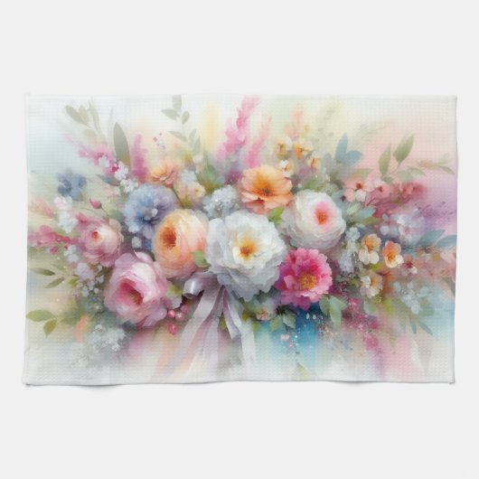 Trendy Elegant Colorful Watercolor Aquarell Flower キッチンタオル (横)