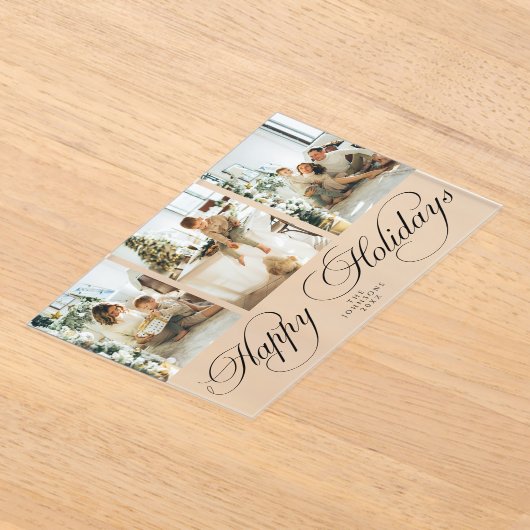 Trendy Elegant Script Photo Collage Christmas Card アクリル招待状 (レイダウン)