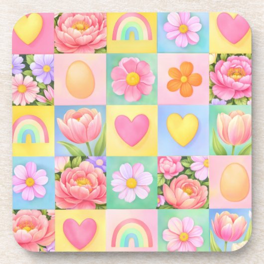 Trendy Floral Checkerboard Spring Pattern コースター (正面)