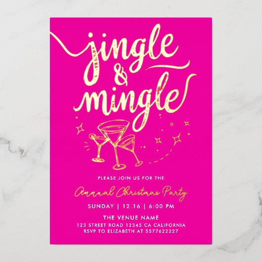 Trendy Fun Fuchsia Christmas Party Cocktail Script 箔招待状 (正面)