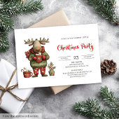 Trendy Funny Reindeer red green festive invite 招待状