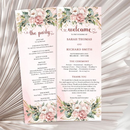 Trendy Garden Blush Pink Floral Eucalyptus Wedding プログラム