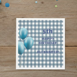 Trendy Gingham Blue 5th Birthday Personalized スタンダードカクテルナプキン