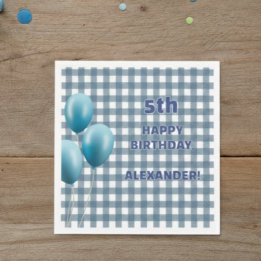Trendy Gingham Blue 5th Birthday Personalized スタンダードカクテルナプキン