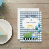 Trendy Gingham Blue Construction 3rd Birthday  招待状