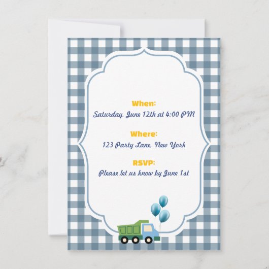 Trendy Gingham Blue Construction 3rd Birthday  招待状 (裏面)