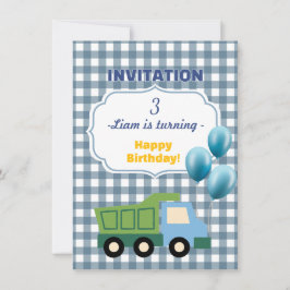 Trendy Gingham Blue Construction 3rd Birthday  招待状