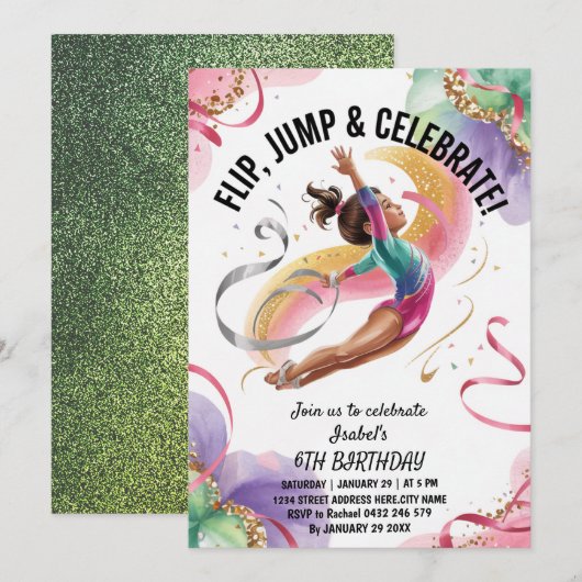 Trendy Girls Gymnast Gymnastics Birthday Party     招待状 (正面/裏面)