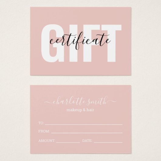 Trendy Girly Blush Pink Business Gift Certificate (正面&裏面)